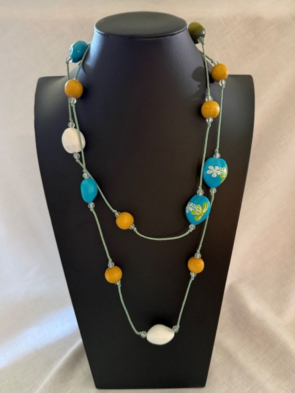 Long Beaded Necklace 50 Inch Blue Wood Wrap Boho Coastal - Picture 2 of 9
